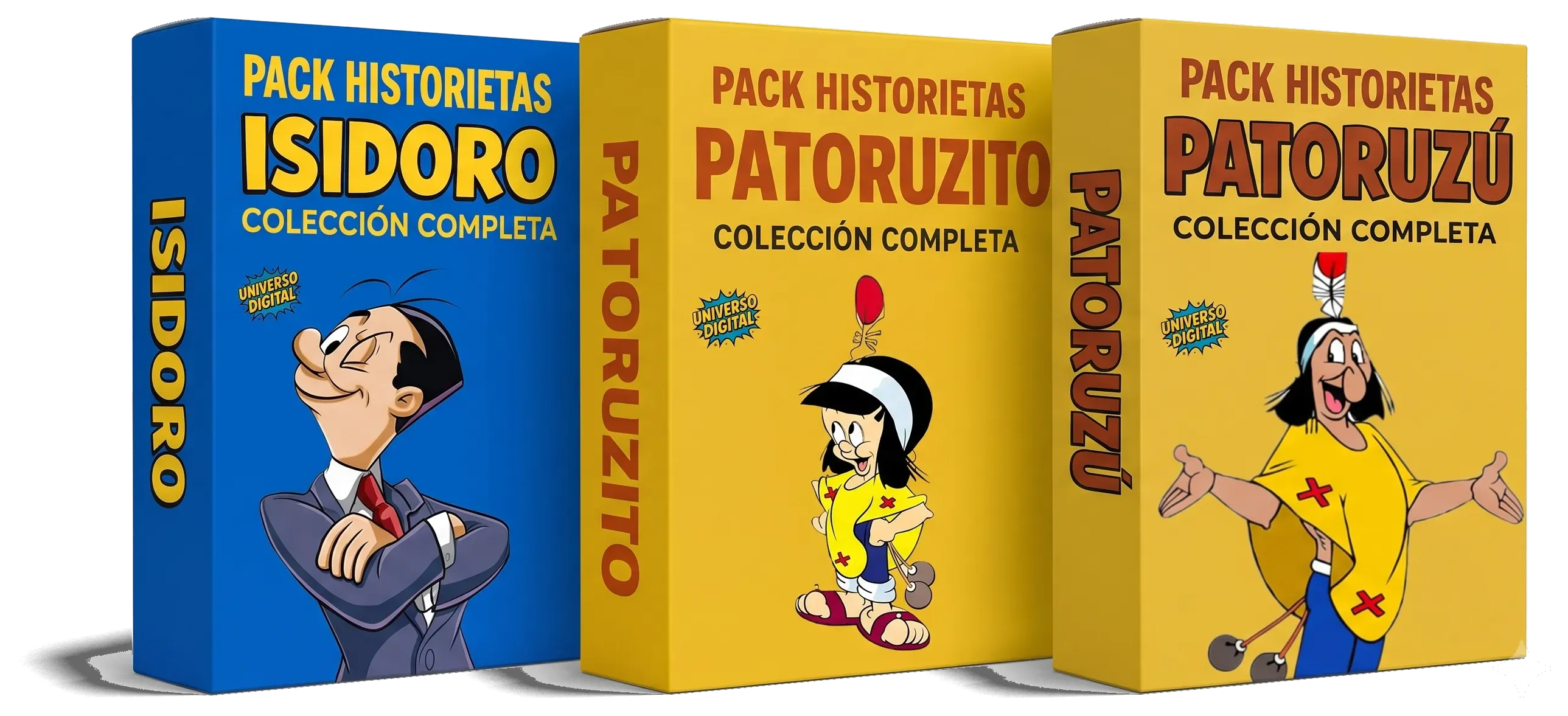 Tres cajas del pack de historietas digitales: Isidoro, Patoruzito y Patoruzú